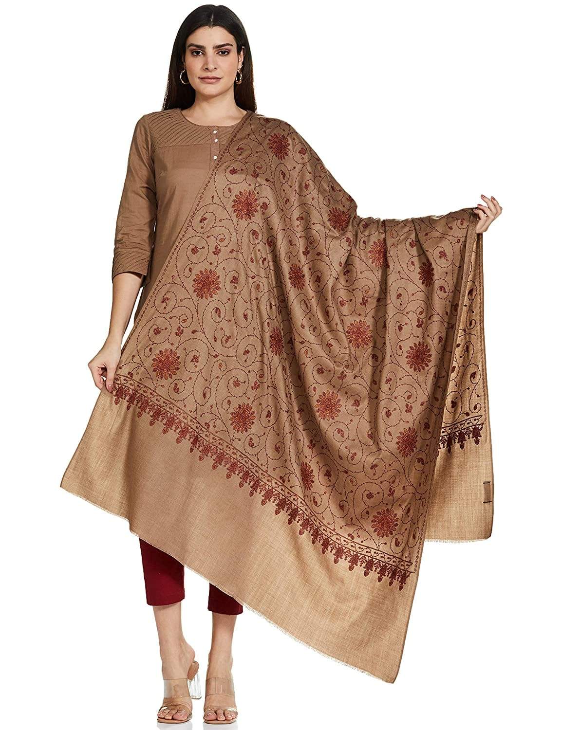 Pashtush India 100x200 Pashtush Womens Kashmiri Embroidery Jaal, Fine Wool, Taupe