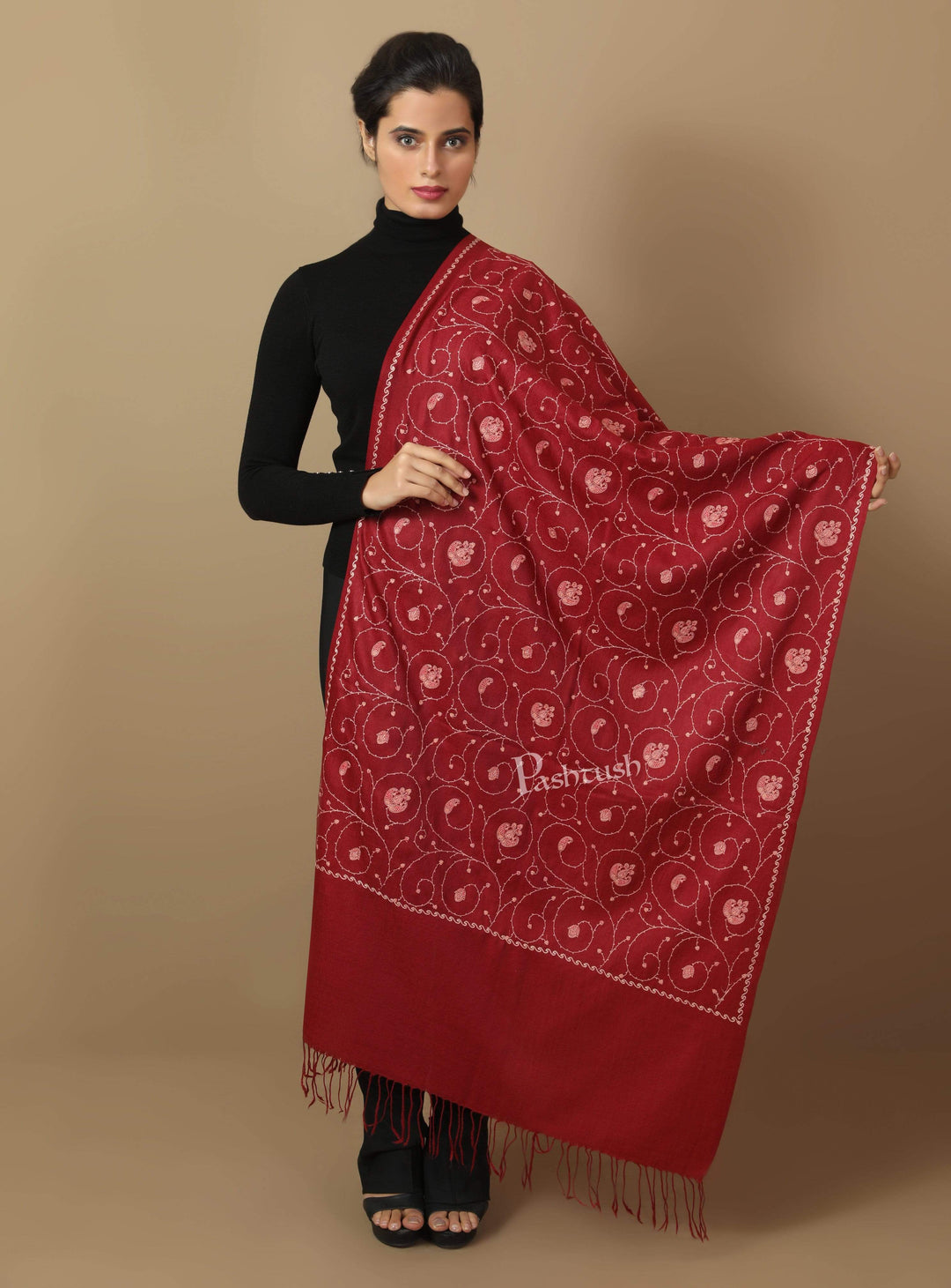 Pashtush India Shawl Pashtush Womens Kashmiri Embroidery Jaal Stole, Fine Wool, Maroon