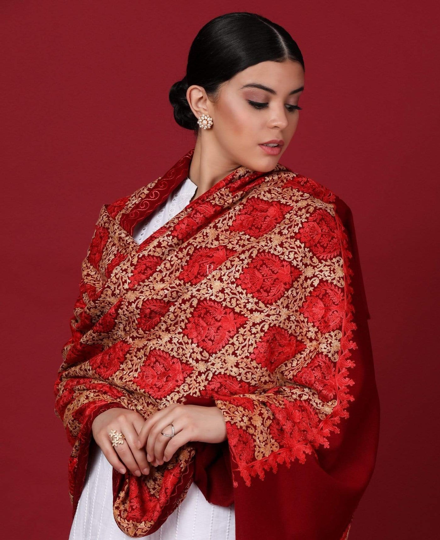 Pashtush India 70x200 Pashtush Womens Kashmiri Embroidery Shawl, Aari Embroidery, Maroon