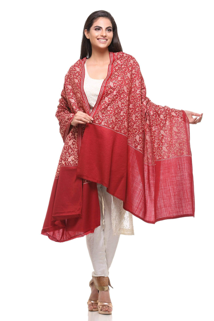 Pashtush India Shawl Pashtush Womens Kashmiri Embroidery Shawl, Heavy Design, Silk Thread Needlework, Maroon