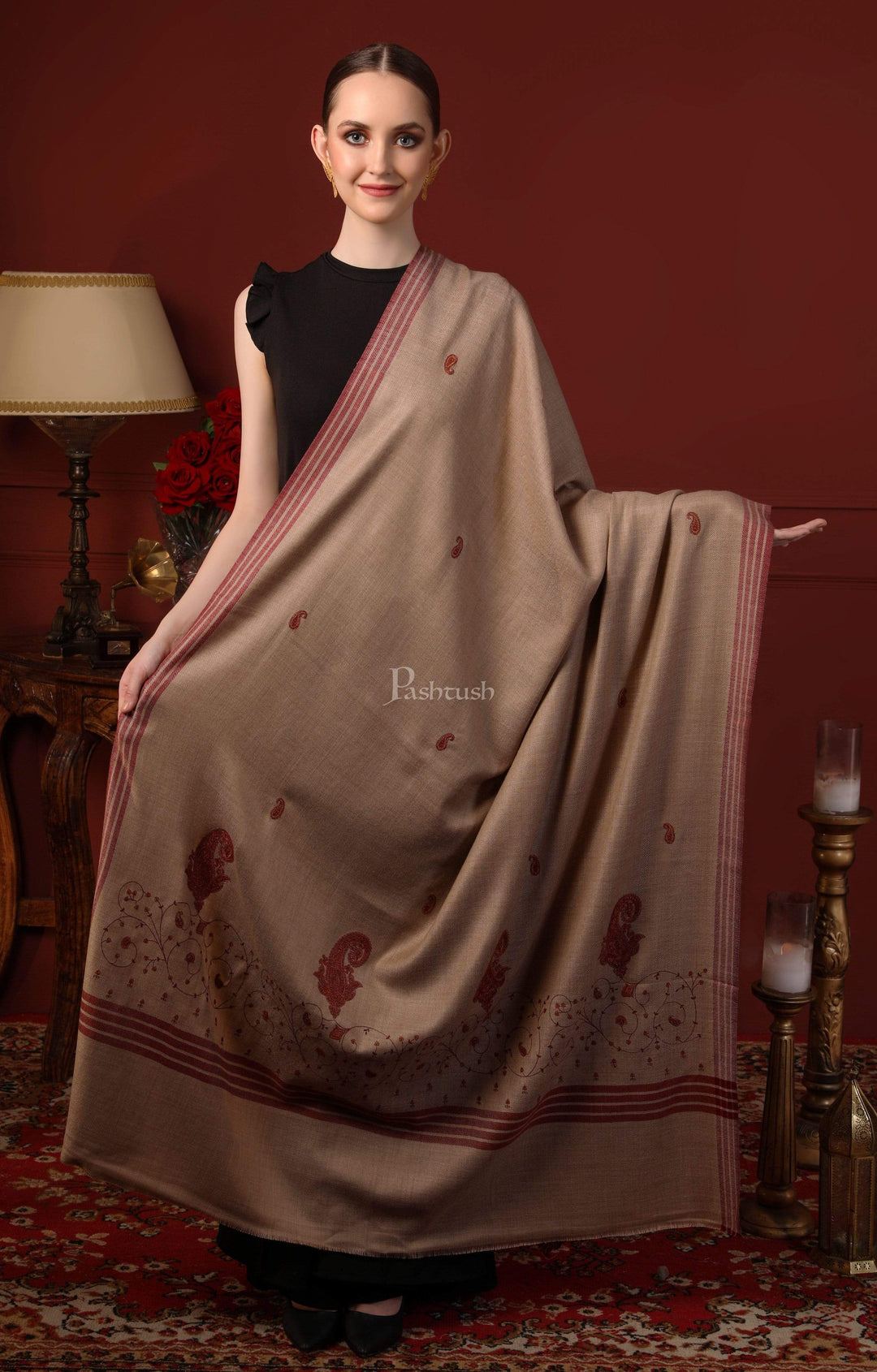 Pashtush India 114x228 Pashtush Womens Kashmiri Embroidery Shawl, Large and Warm