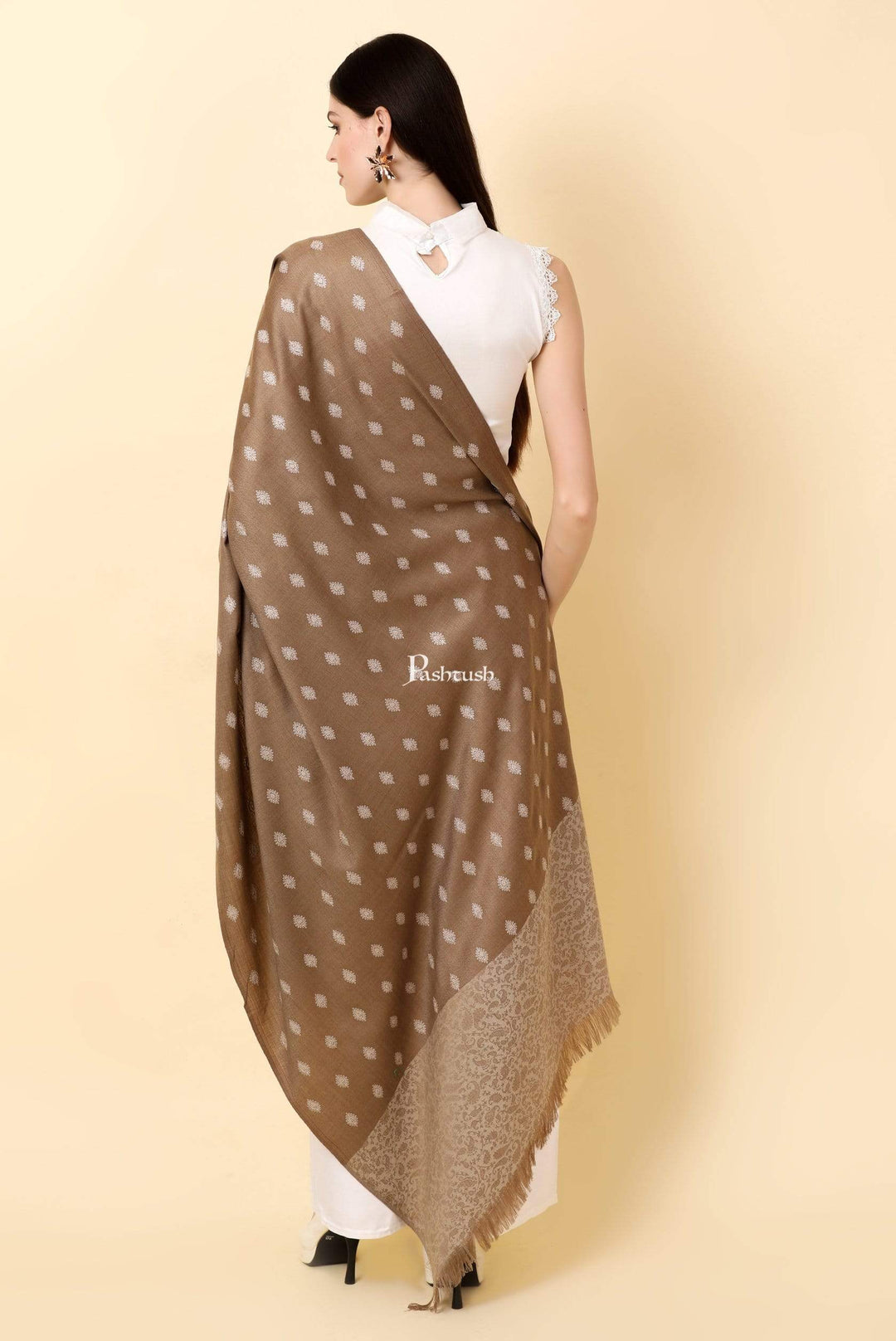 Pashtush India 100x200 Pashtush Womens Kashmiri Embroidery Shawl, Light Weight and Warm, Black and beige