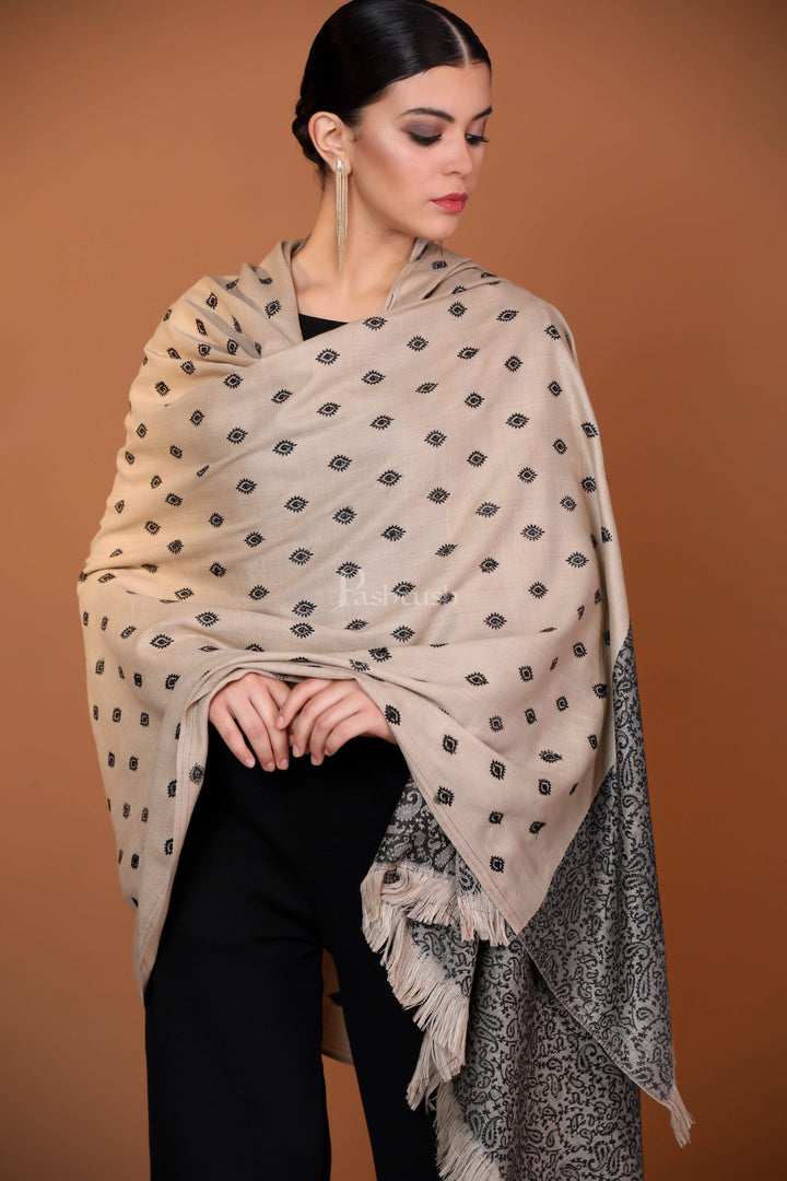 Pashtush India 100x200 Pashtush Womens Kashmiri Embroidery Shawl, Light Weight and Warm, Black and beige