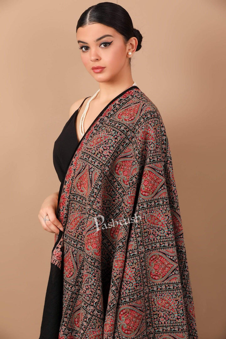 Pashtush Shawl Store Shawl Pashtush Womens Kashmiri Embroidery Shawl, Sozni Embroidery, Intricate Needlework, Black