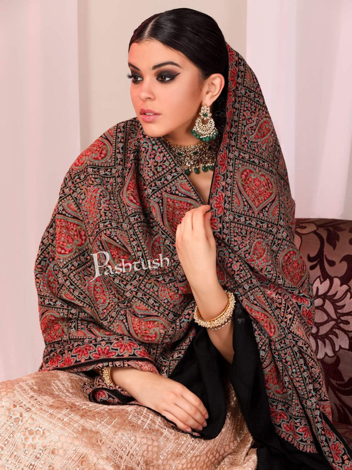 Pashtush Shawl Store Shawl Pashtush Womens Kashmiri Embroidery Shawl, Sozni Embroidery, Intricate Needlework, Black