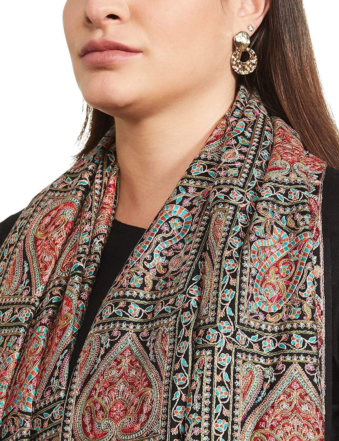 Pashtush India 100x200 Pashtush Womens Kashmiri Embroidery Shawl, Sozni Embroidery, Intricate Needlework, Black