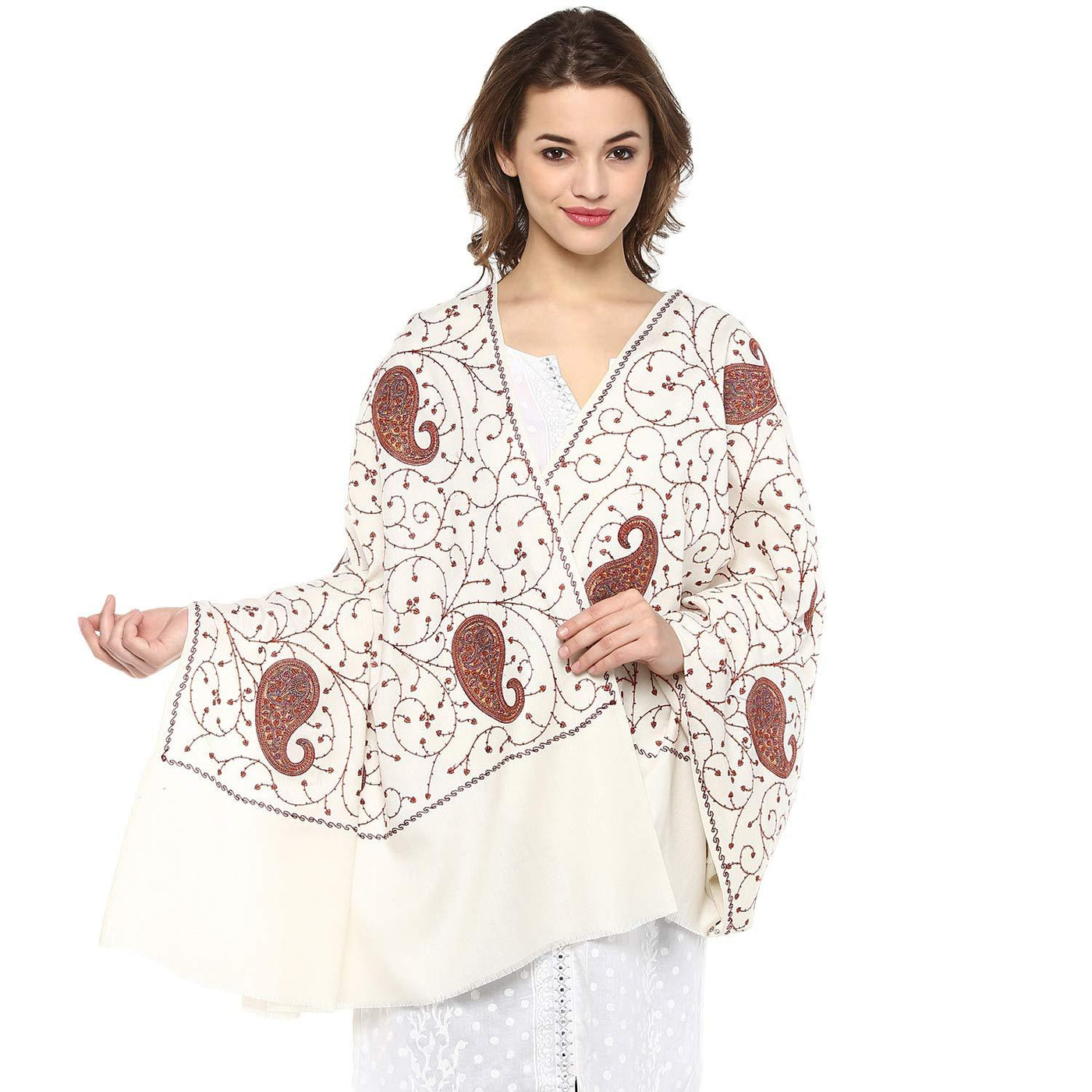 Pashtush Womens Jaal Embroidery Shawl In White
