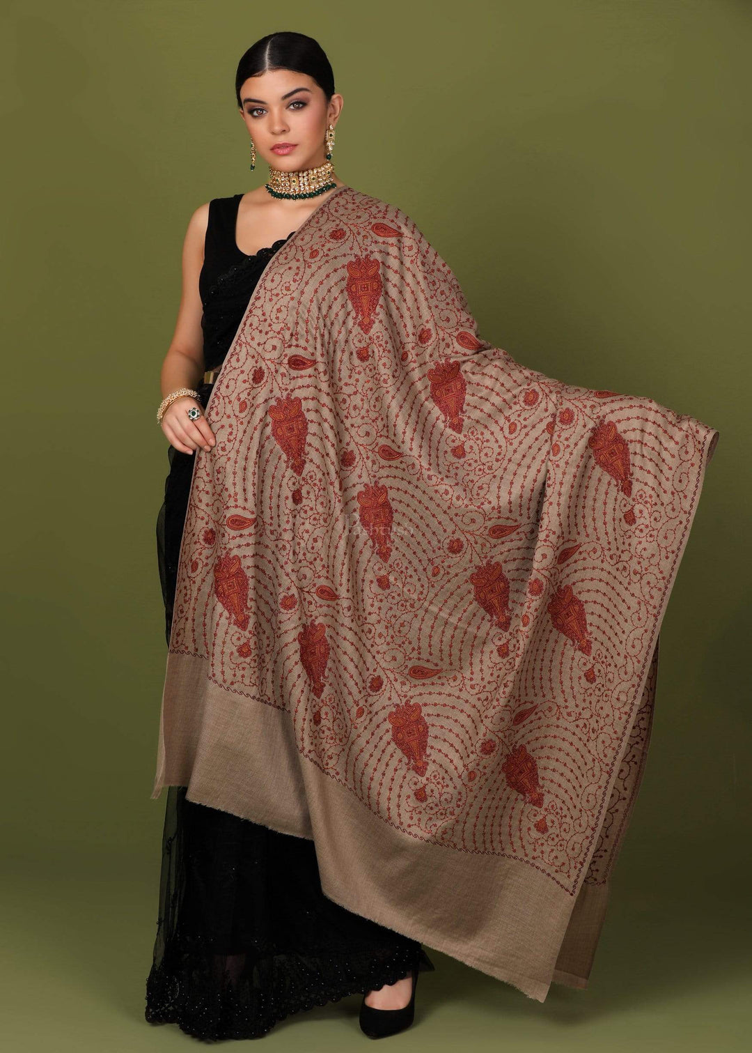 Pashtush India Shawl Pashtush Womens Kashmiri Jaal Embroidery Shawl, Large Size, Taupe