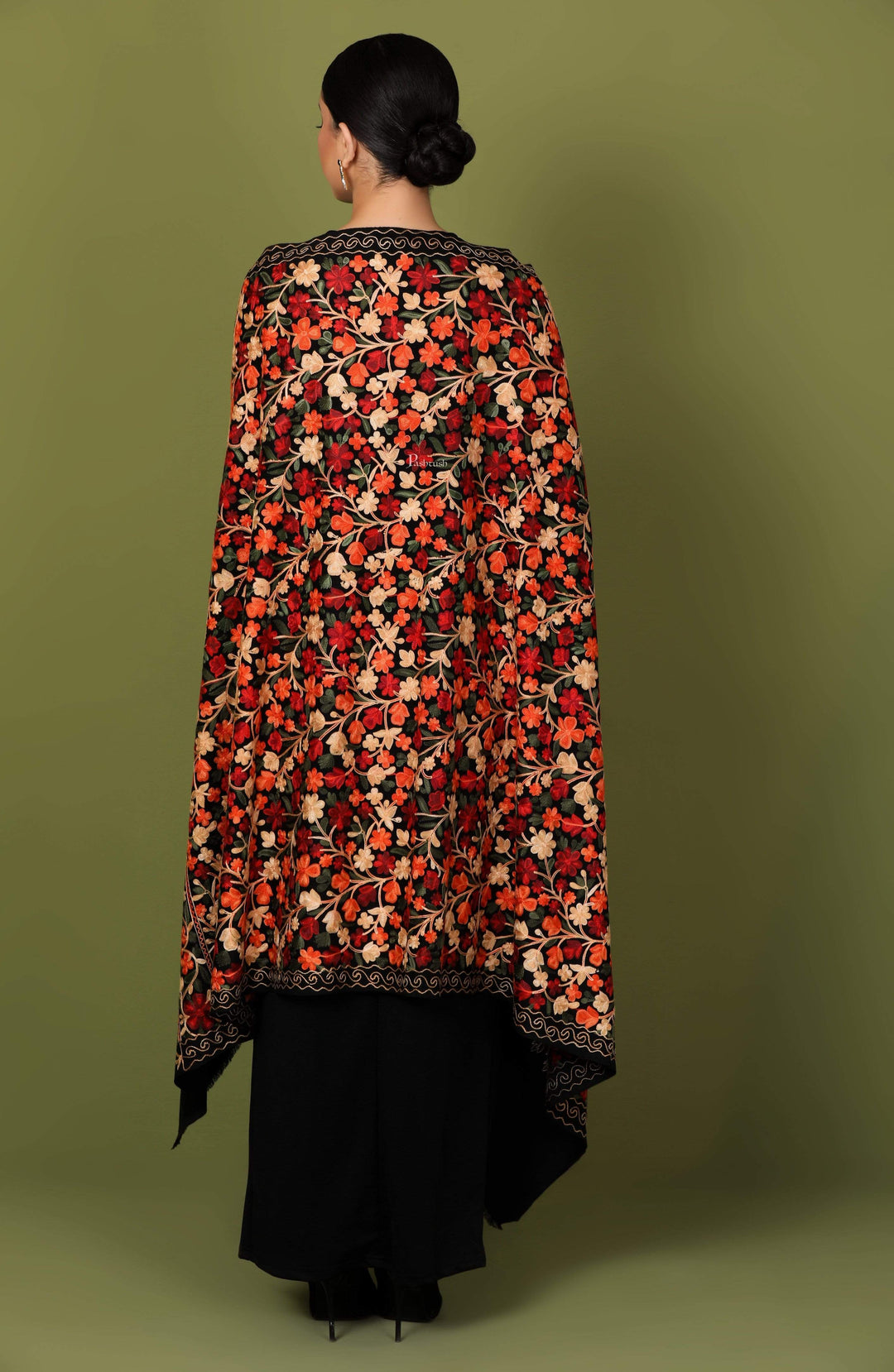 Pashtush India 100x200 Pashtush Womens Kashmiri Shawl, Aari Embroidery, Black