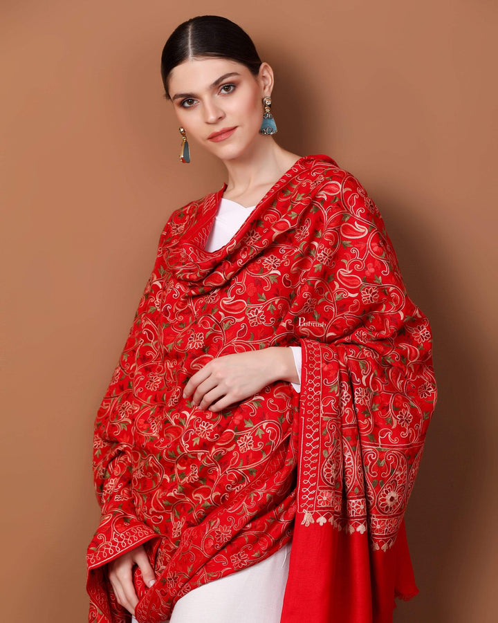 Pashtush Store Shawl Pashtush Womens Kashmiri Shawl, Aari Embroidery, Red