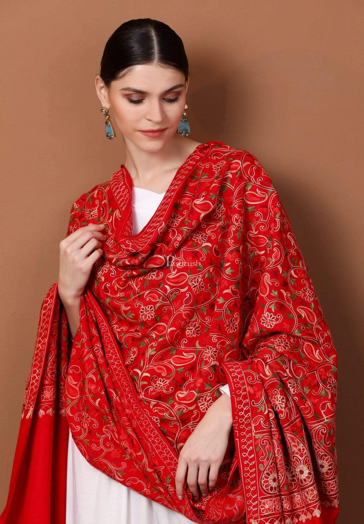Pashtush India 100x200 Pashtush Womens Kashmiri Shawl, Aari Embroidery, Ruby Red