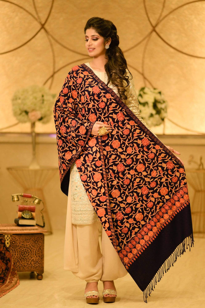 Pashtush Womens Stole, Aari Embroidery, Navy Blue