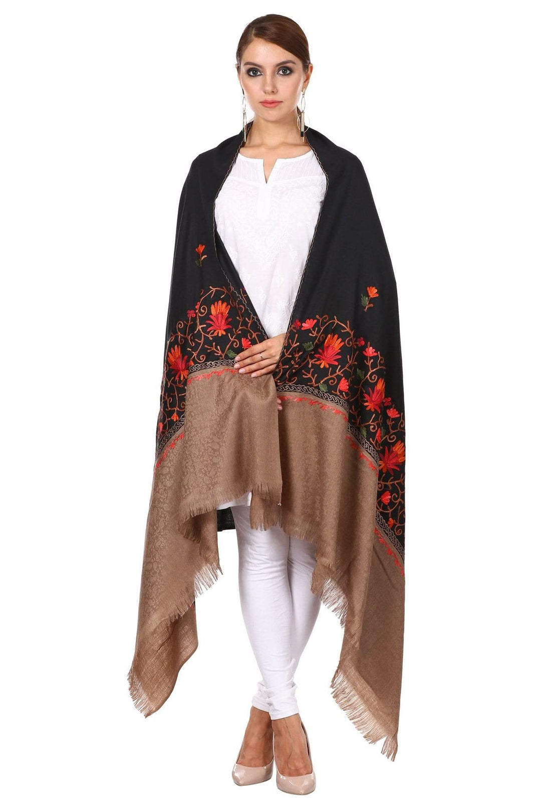 Pashtush Shawl Store Shawl Pashtush Womens Kashmiri Wool Shawl with 100% Hand Embroidery, Aari Silken thread work on fine wool