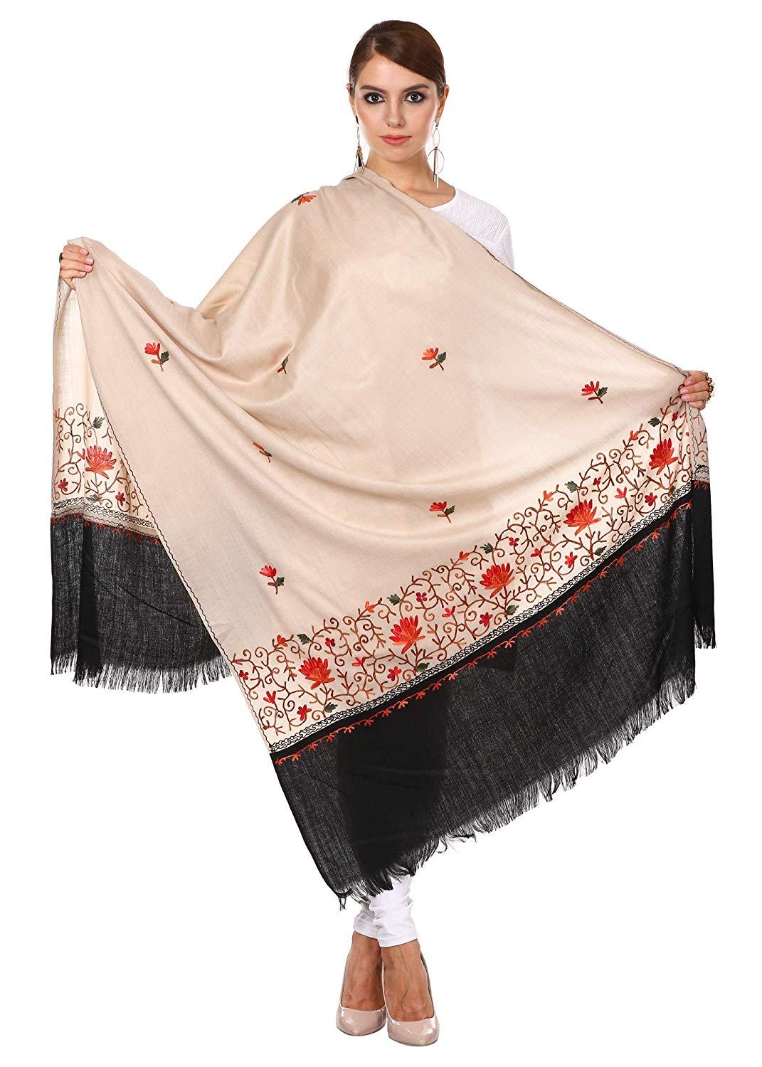 Pashtush Womens Wool Shawl With 100% Hand Embroidery, Aari Silken Thread Fine Wool Beige