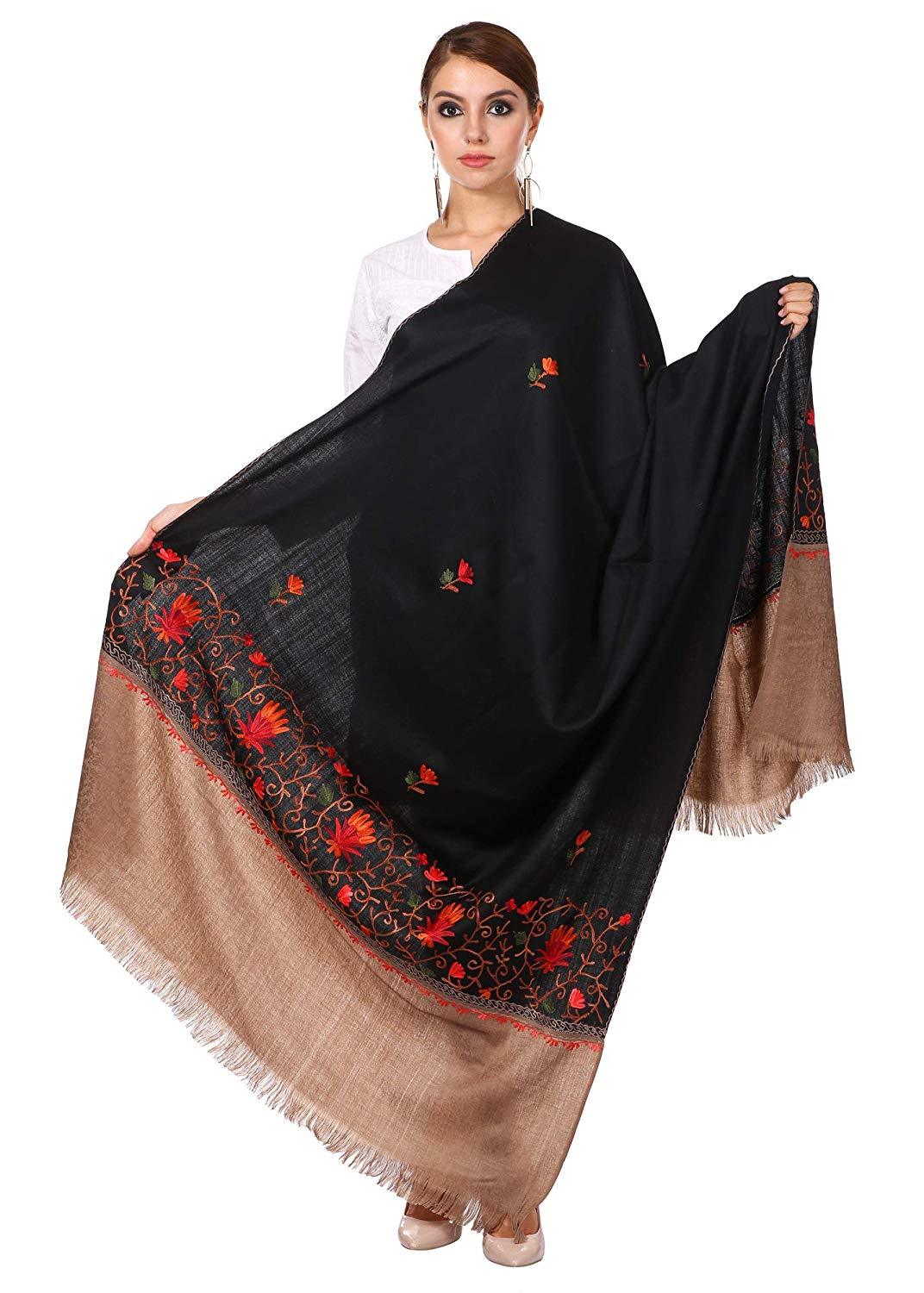 Pashtush Womens Wool Shawl With 100% Hand Embroidery, Aari Silken Thread Fine Wool Black  and Beige