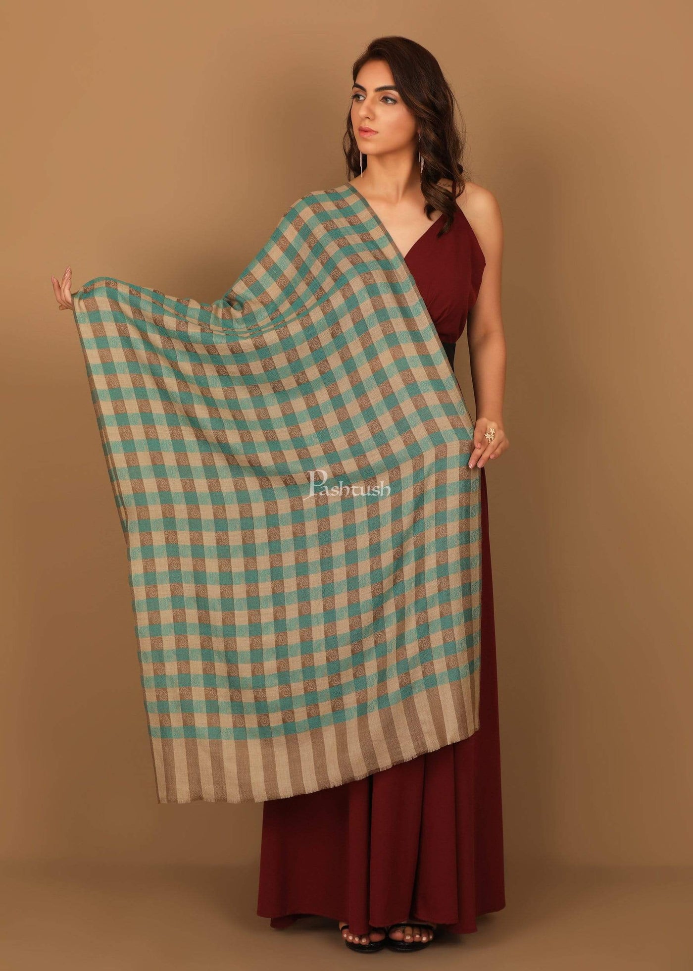 Pashtush India Stole Pashtush Womens Luxury Wool Check Scarf,  Reversible, Extra-Fine, Arabic Blue and Beige
