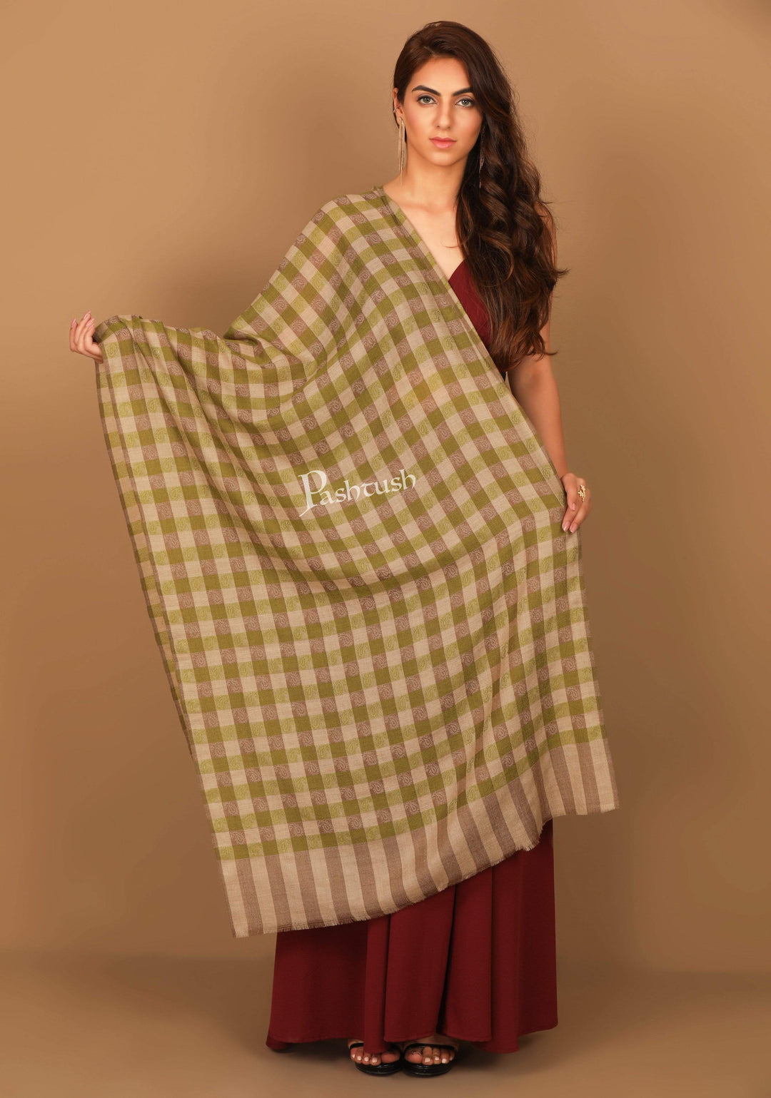 Pashtush India Stole Pashtush Womens Luxury Wool Check Scarf,  Reversible, Extra-Fine, Beige and Sea Green