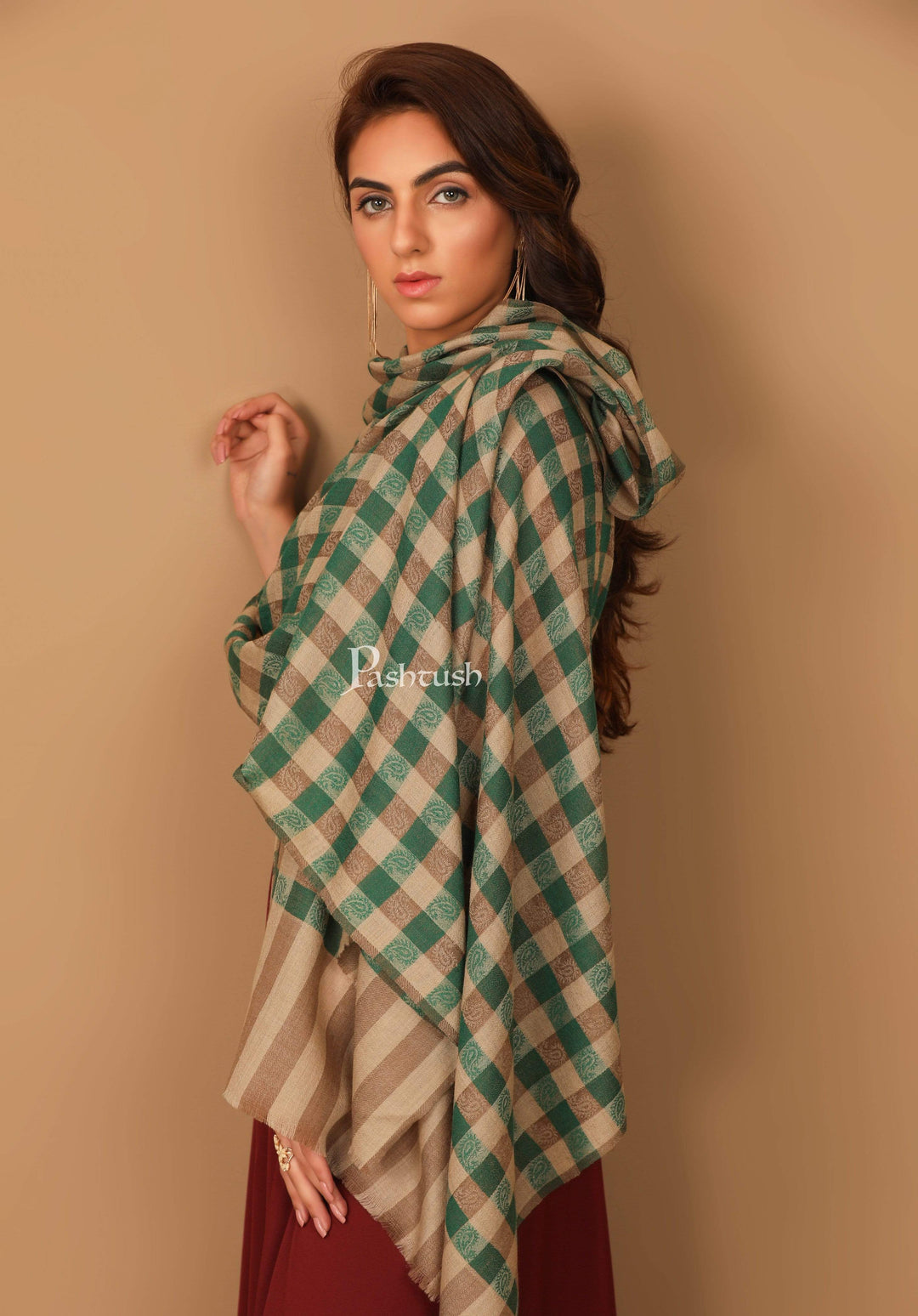 Pashtush India 70x200 Pashtush Womens Luxury Wool Check Scarf,  Reversible, Extra-Fine, Jade Colour