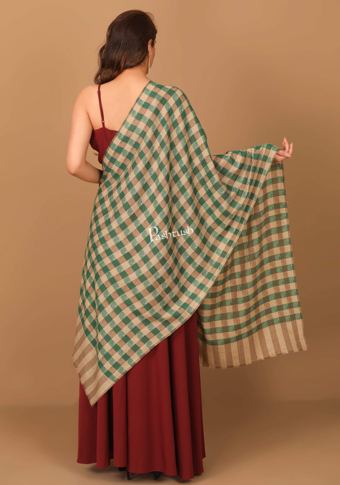 Pashtush India 70x200 Pashtush Womens Luxury Wool Check Scarf,  Reversible, Extra-Fine, Jade Colour