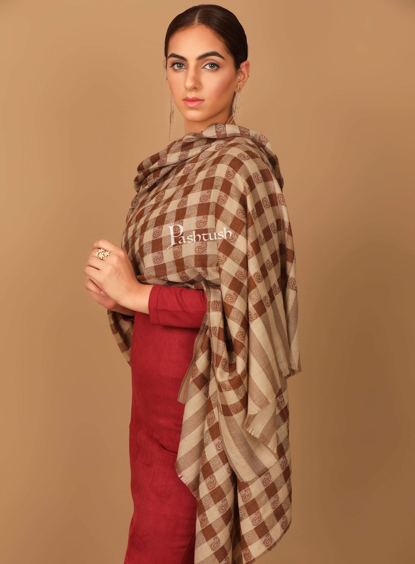 Pashtush India 70x200 Pashtush Womens Luxury Wool Check Scarf,  Reversible, Extra-Fine, Mocha Brown