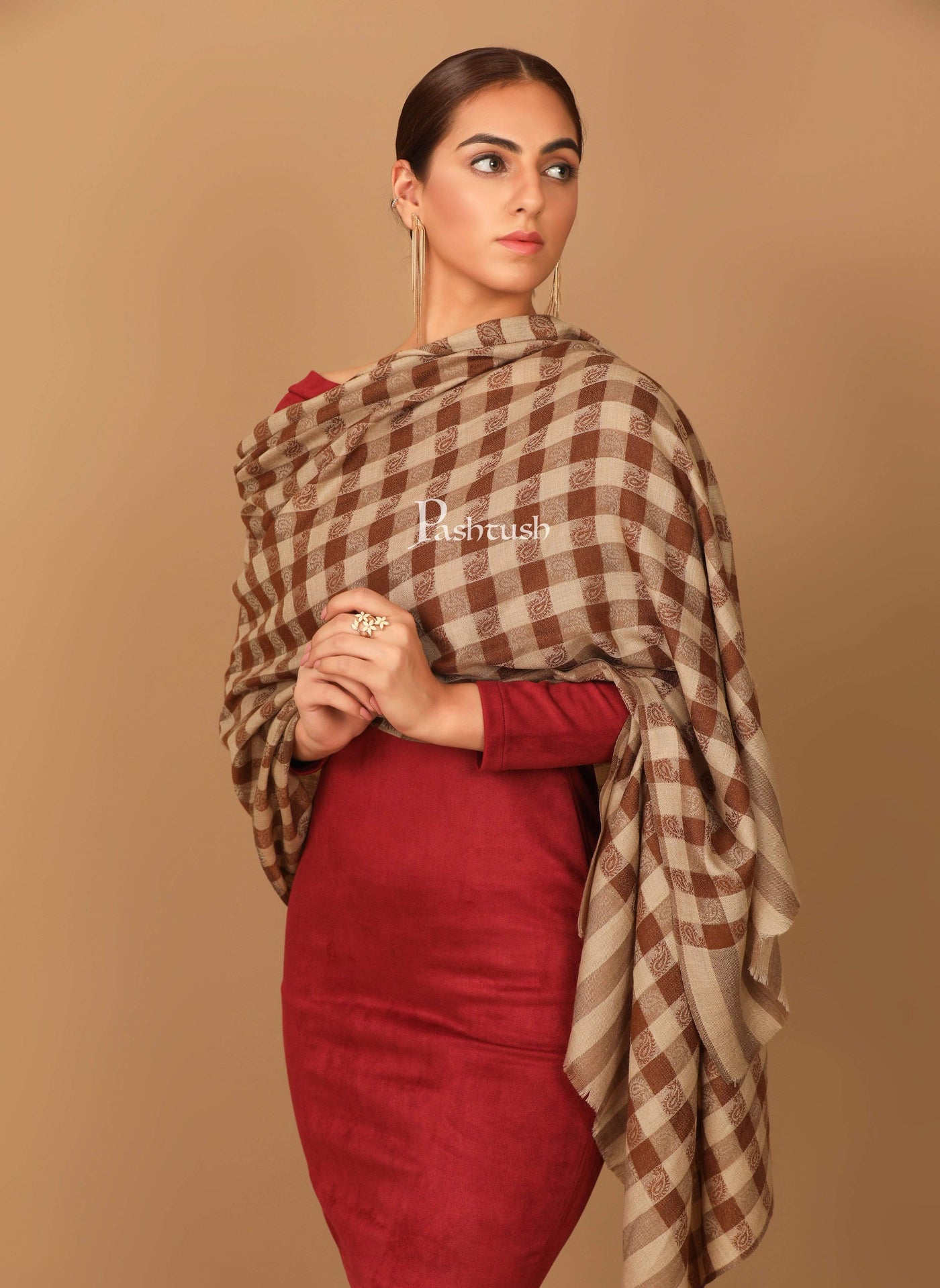 Pashtush India 70x200 Pashtush Womens Luxury Wool Check Scarf,  Reversible, Extra-Fine, Mocha Brown