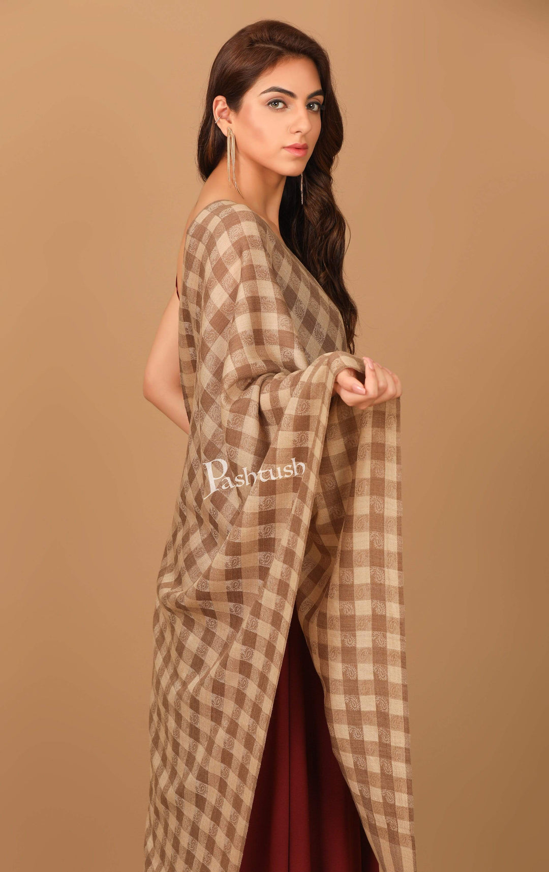 Pashtush India Stole Pashtush Womens Luxury Wool Check Scarf, Soft Wool Reversible Scarf Stole, Extra-Fine