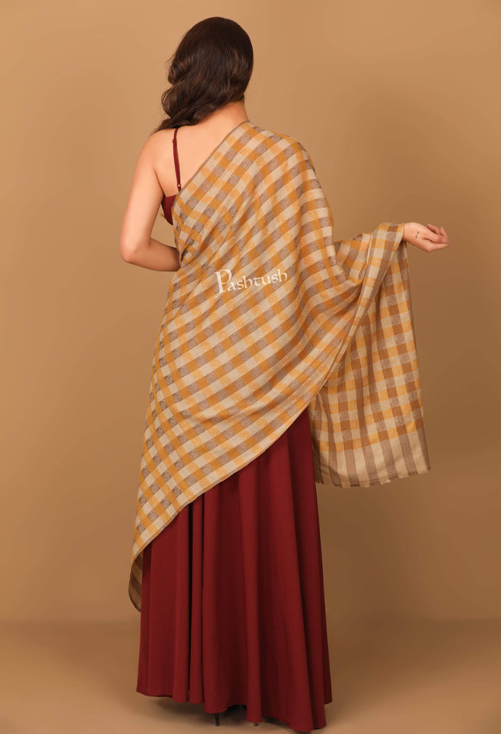 Pashtush India Stole Pashtush Womens Luxury Wool Checkered Scarf,  Reversible, Extra-Fine, Tuscan Sun