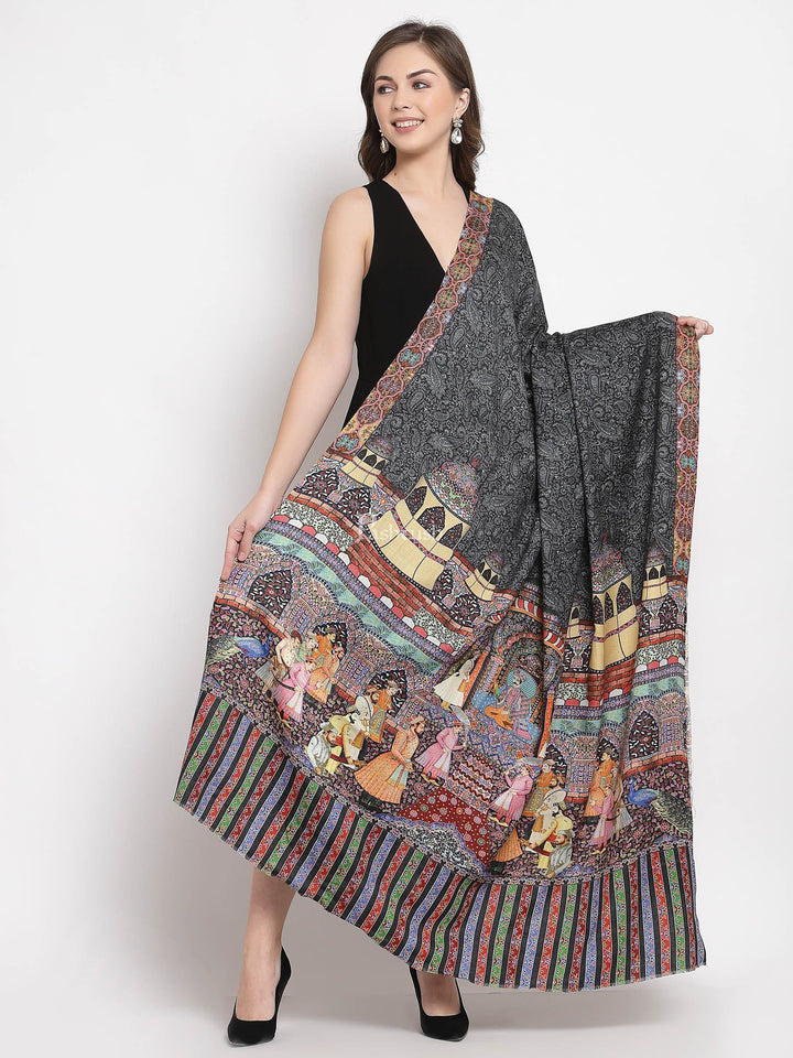 Pashtush India Womens Shawls Pashtush Womens Mughal Darbar Printed Shawl, Fine Wool, Ultra Soft