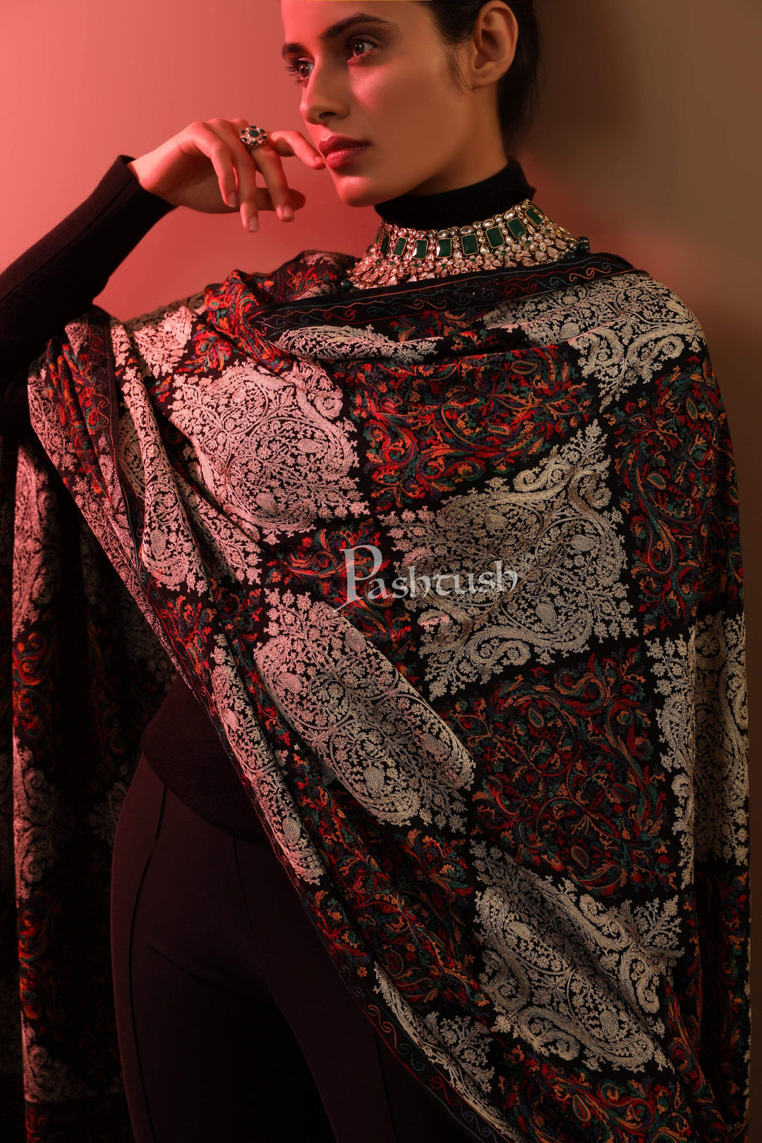 Pashtush Store Shawl Pashtush Womens, Nalki Embroidery Needlework Shawl, Fine Wool, Black