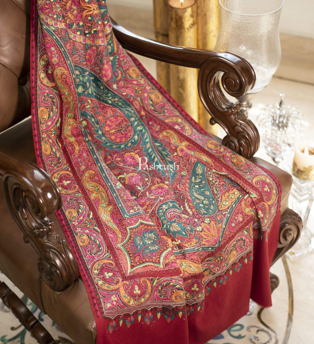 Pashtush India 100x200 Pashtush Womens Papier Mache Embroidered Jamawar Stole, Fine Wool, Soft and Warm