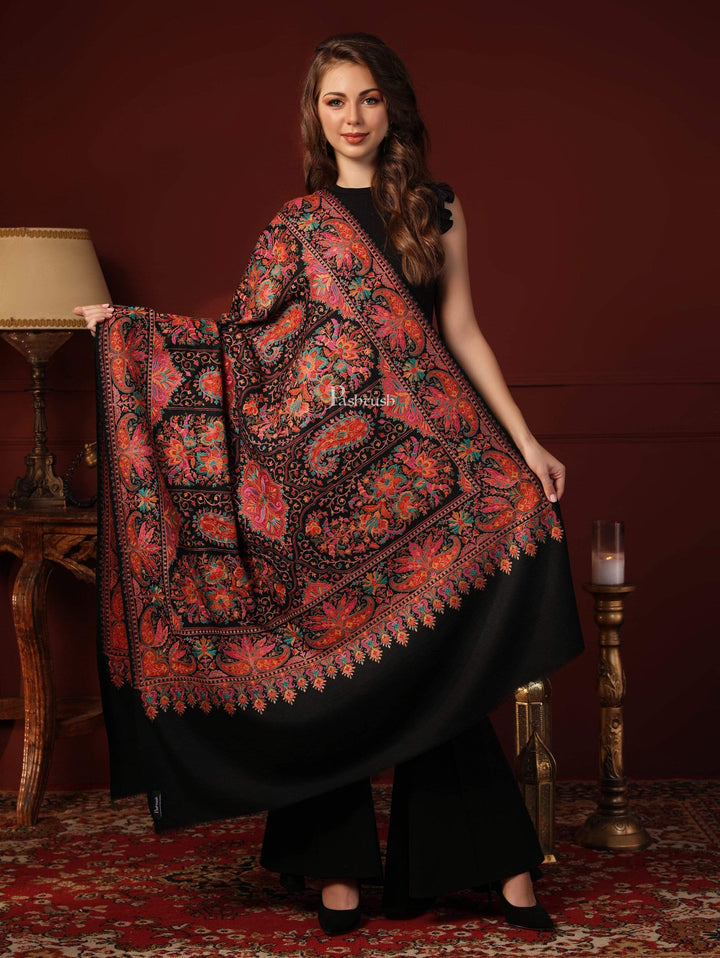 Pashtush India 100x200 Pashtush Womens Papier-mâché Embroidered Shawl, Fine Wool with Silky Embroidery, Black