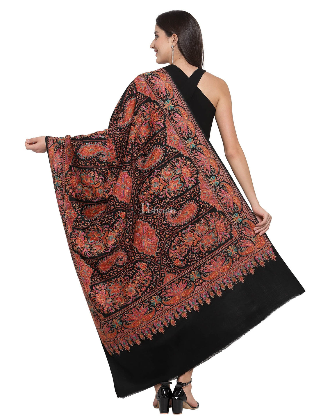 Pashtush India Womens Shawls Pashtush Womens Papier-MâChé Embroidered Shawl, Fine Wool With Silky Embroidery, Black