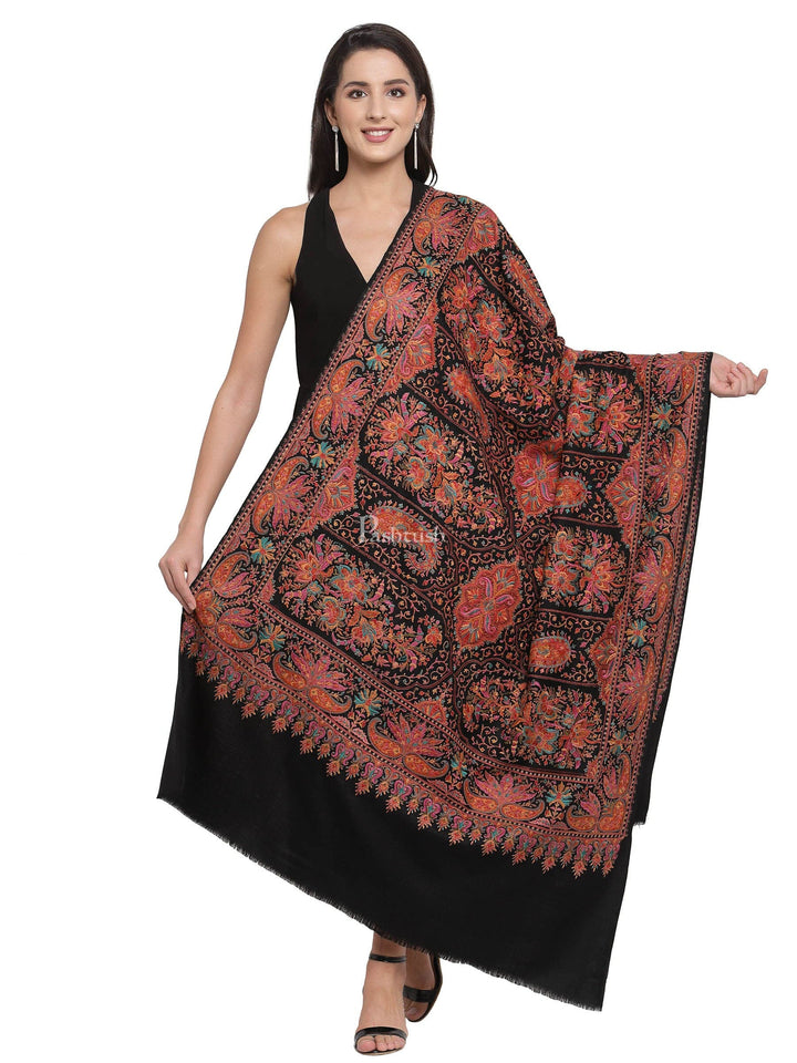 Pashtush India Womens Shawls Pashtush Womens Papier-MâChé Embroidered Shawl, Fine Wool With Silky Embroidery, Black