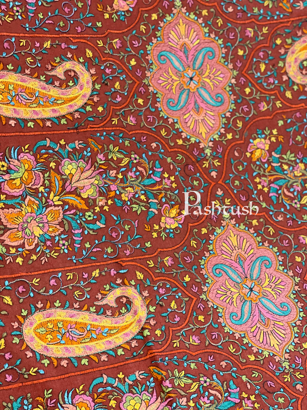 Pashtush India 100x200 Pashtush Womens Papier-mâché Embroidered Shawl, Fine Wool with Silky Embroidery, Maroon