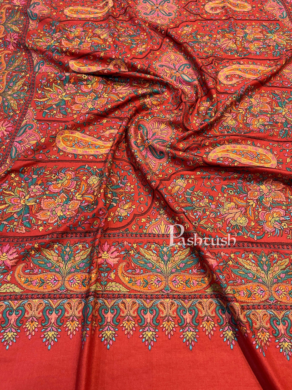 Pashtush India 100x200 Pashtush Womens Papier-mâché Embroidered Shawl, Fine Wool with Silky Embroidery, Scarlet Red