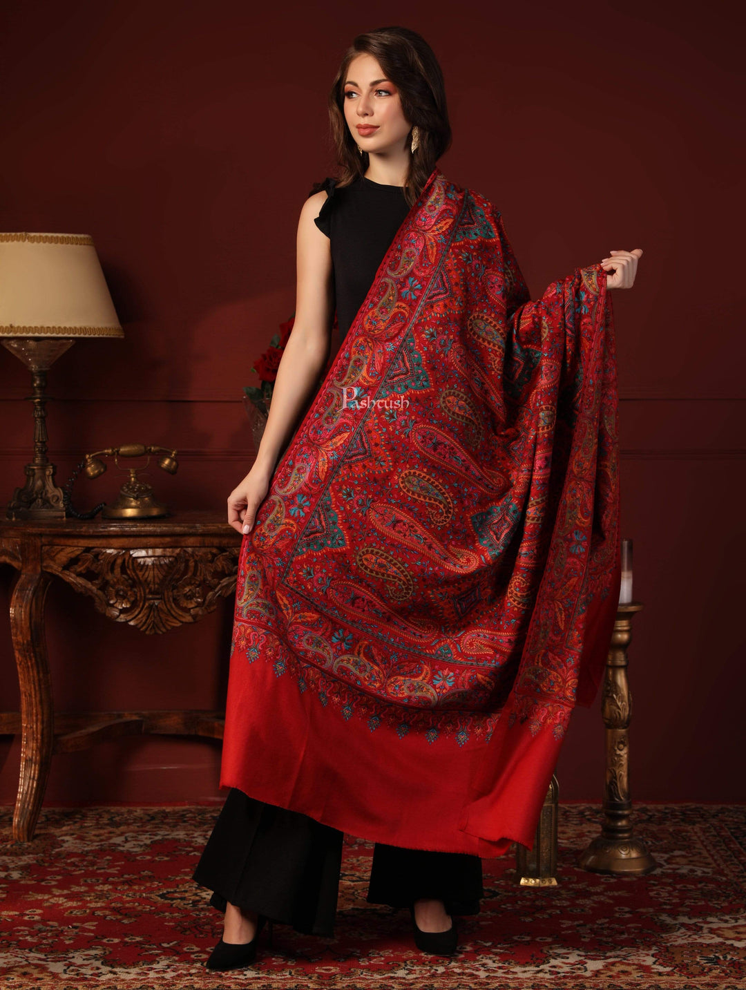 Pashtush India 100x200 Pashtush Womens Papier-mâché Embroidered Shawl, Fine Wool with Silky Embroidery, Scarlet Red