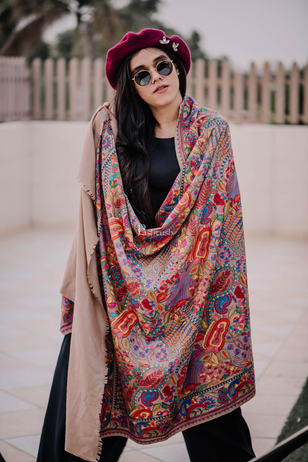 Pashtush India Womens Shawls Pashtush Womens Papier Machè Embroidery Jaal Shawl - Multicoloured