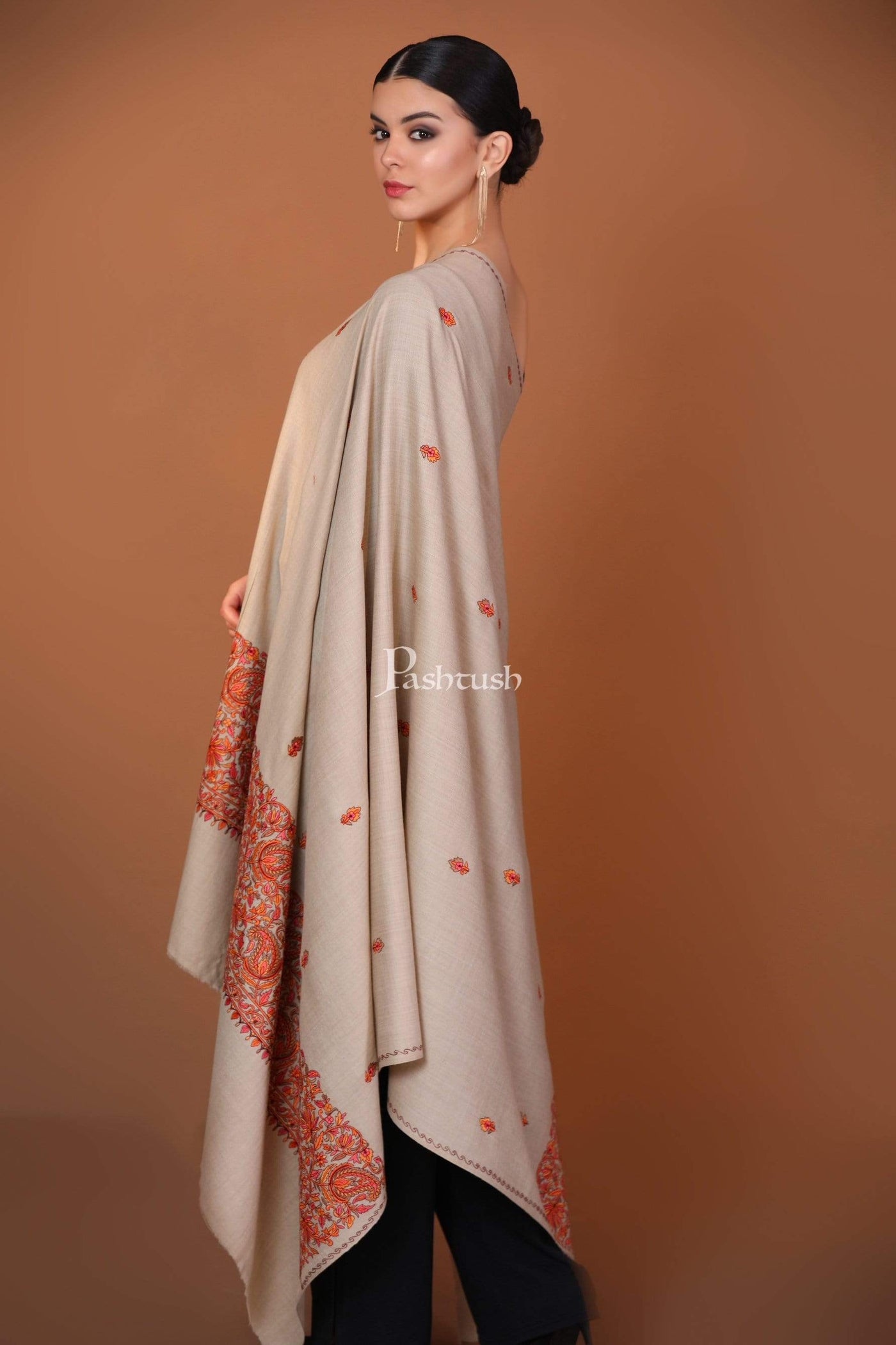 Pashtush India Shawl Pashtush Womens Papier Machè Embroidery Palla Shawl - Taupe