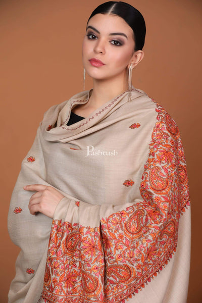 Pashtush India Shawl Pashtush Womens Papier Machè Embroidery Palla Shawl - Taupe