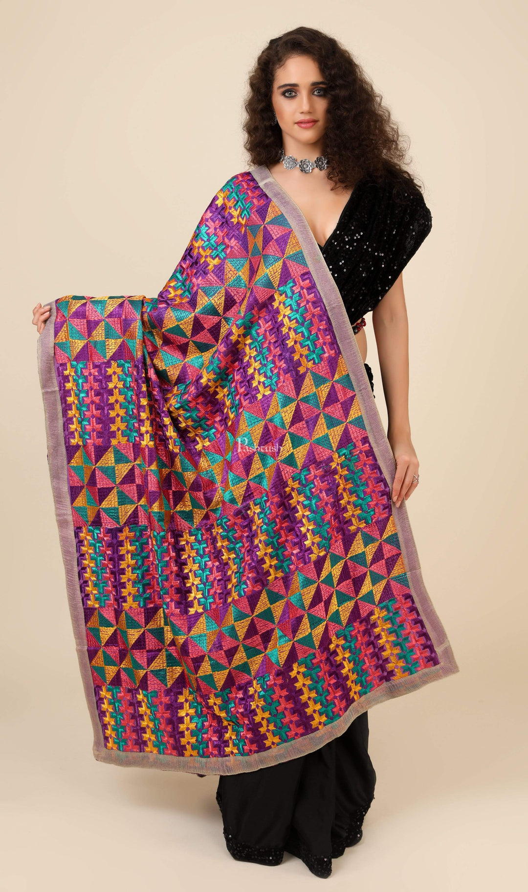 Pashtush India 114x228 Pashtush Womens Phulkari Dupatta with Multicoloured Embroidery