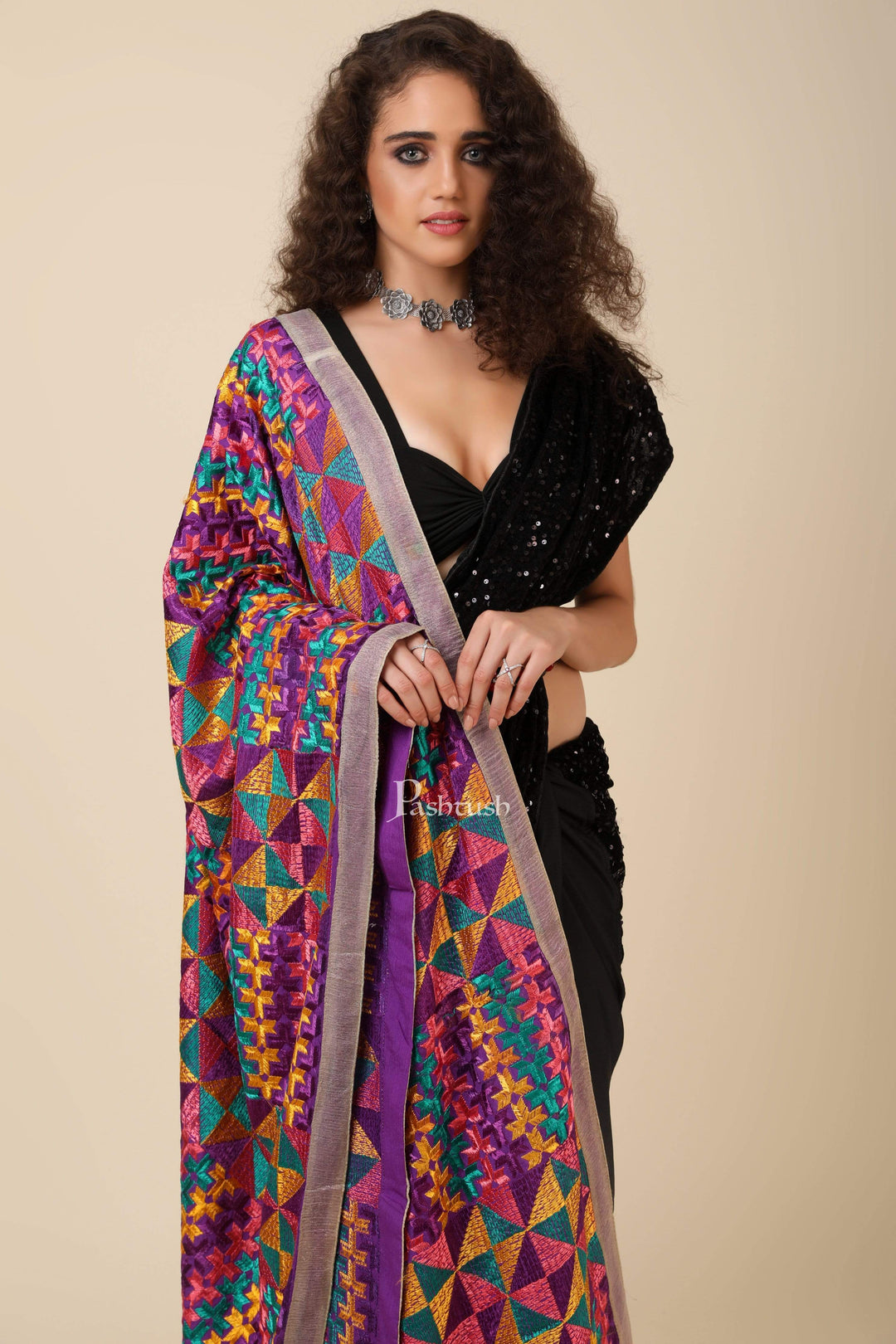 Pashtush India 114x228 Pashtush Womens Phulkari Dupatta with Multicoloured Embroidery