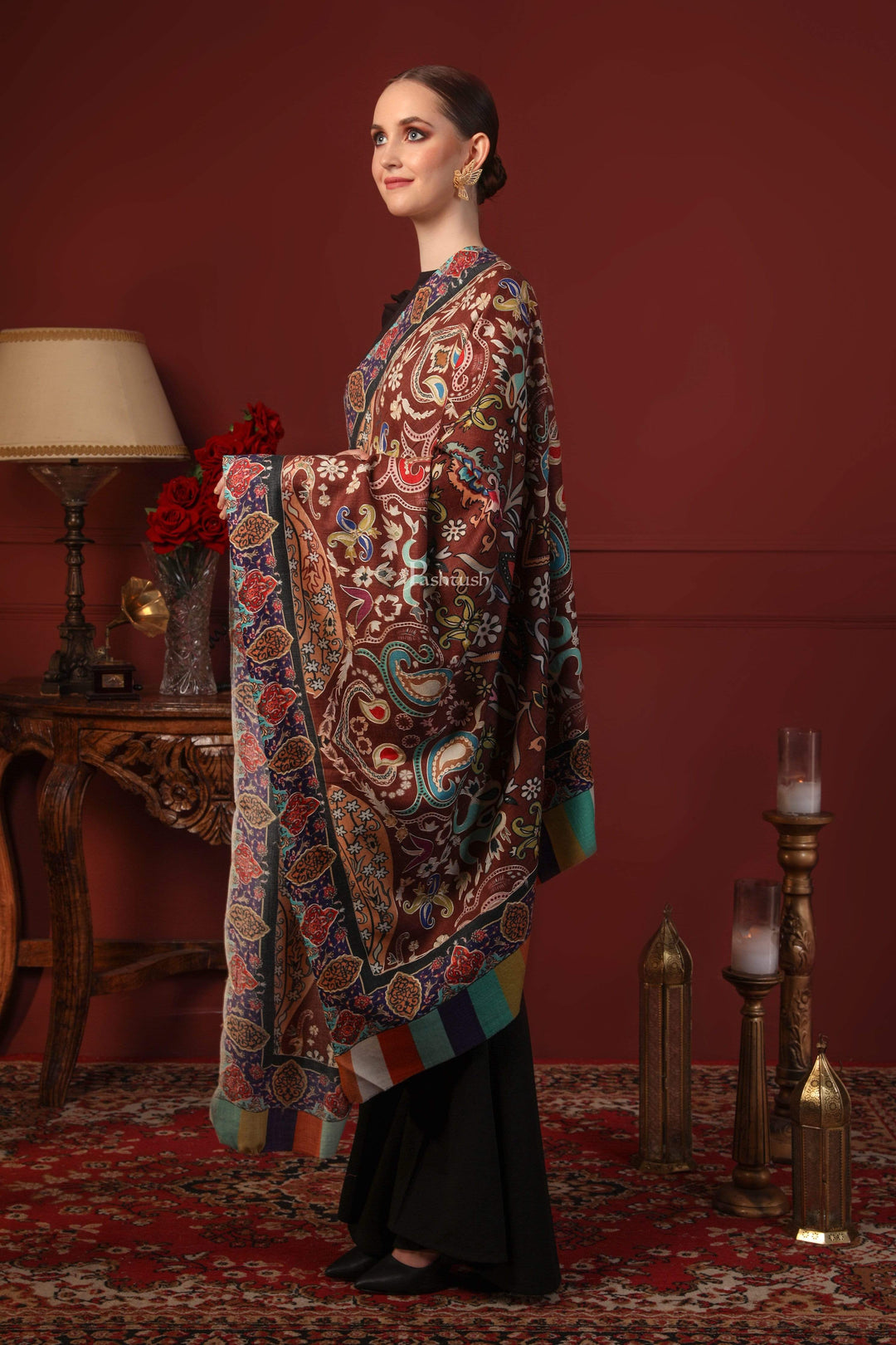 Pashtush India 100x200 Pashtush Womens Printed Stole, Multicoloured, 100% Pure Wool (Woolmark Certified)