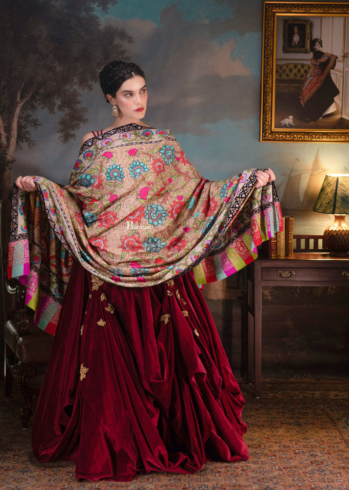 Pashtush India Womens Shawls Pashtush Womens Pure Pashmina, Hand Embroidered Hand Painted Kalamkari Shawl, Multicoloured