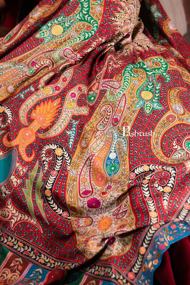 Pashtush India Womens Shawls Pashtush Womens Pure Pashmina, Hand Embroidered Hand Painted Kalamkari Shawl, Multicoloured