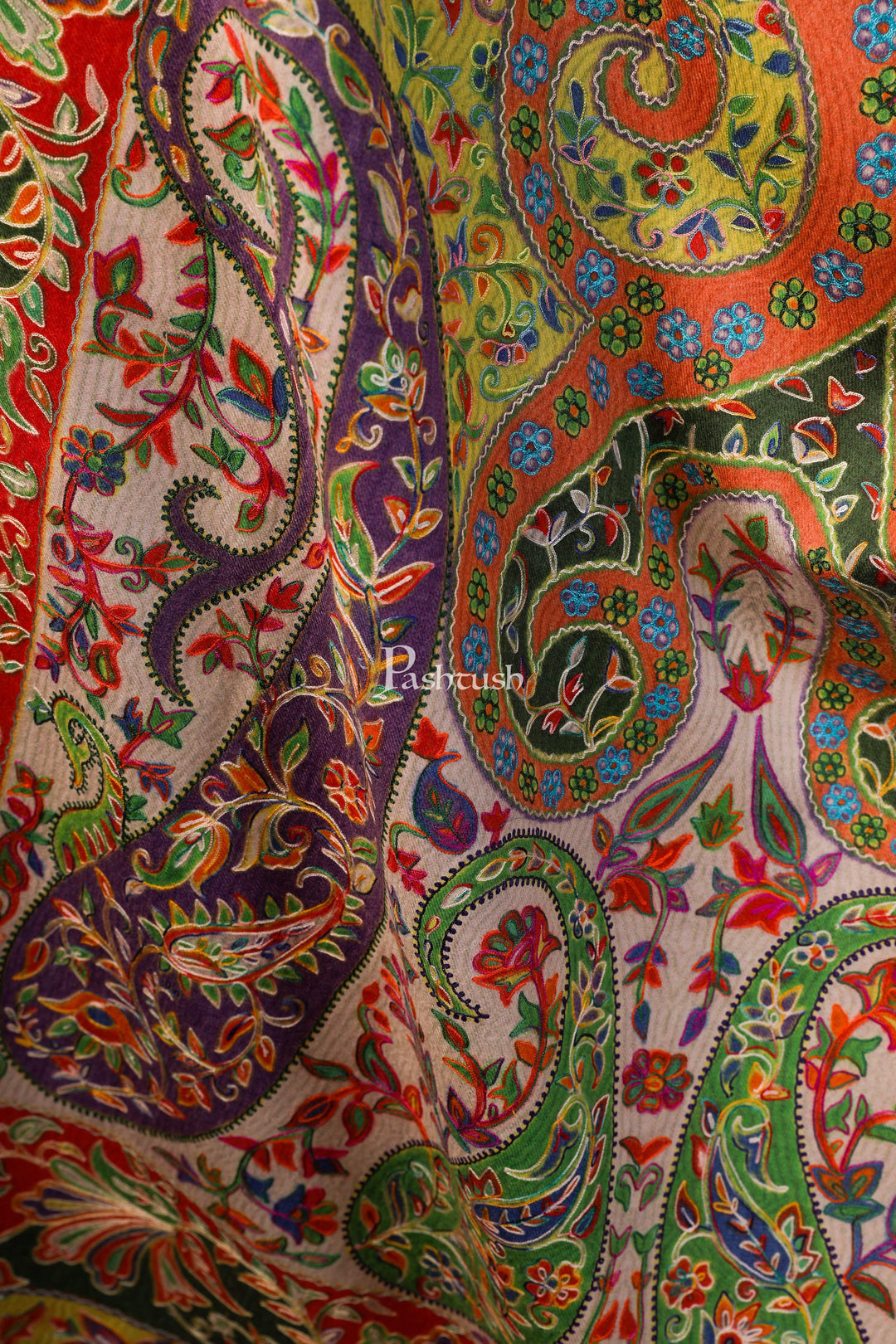 Pashtush India 100x200 Pashtush Womens Pure Wool, Hand Embroidered Kalamkari Shawl, With Woolmark Certificate