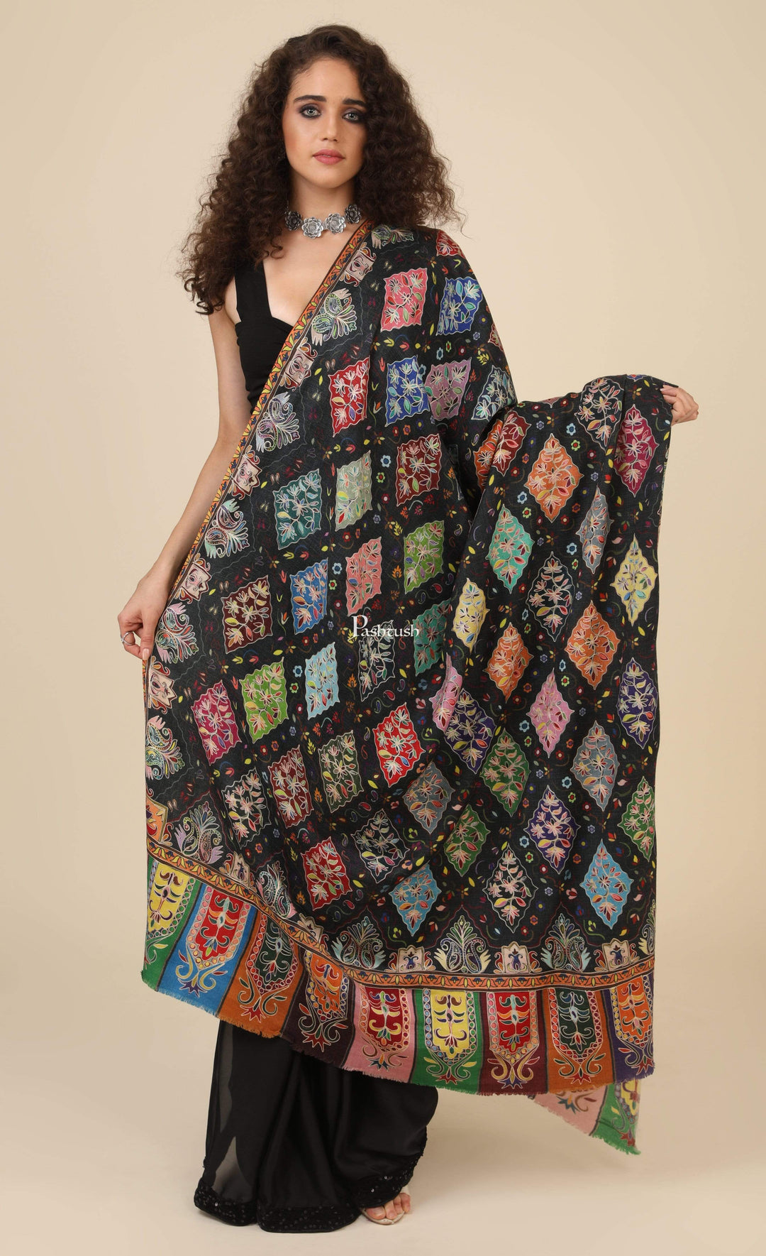 Pashtush India 114x228 Pashtush Womens Pure Wool, Hand Embroidered Kalamkari Shawl, With Woolmark Certificate