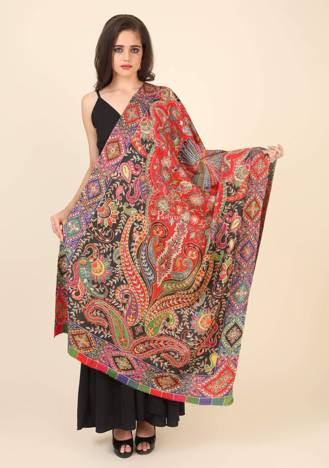 Pashtush India 100x200 Pashtush Womens Pure Wool, Hand Embroidered Kalamkari Shawl, With Woolmark Certificate