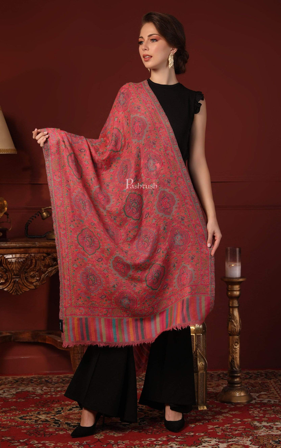 Pashtush India 70x200 Pashtush Womens Pure Wool Kaani Stole, With Woolmark Certification