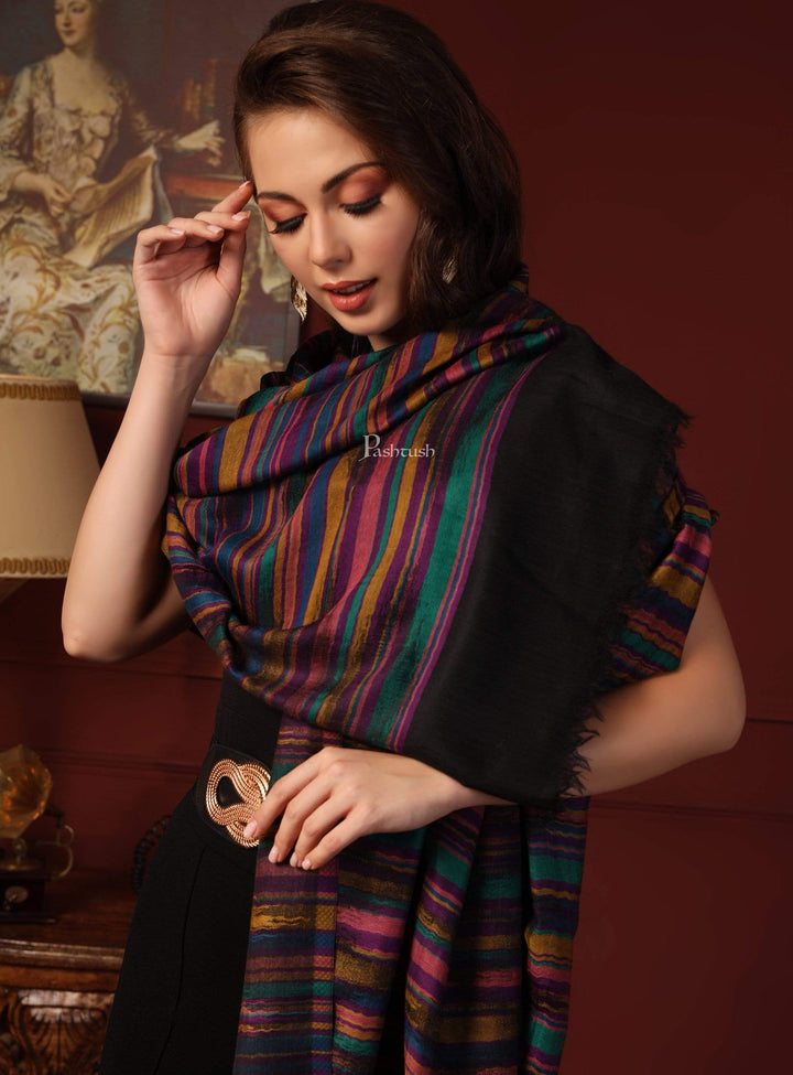 Pashtush India 100x200 Pashtush Womens Pure Wool Multicolour Striped Shawl, With Woolmark Certificate