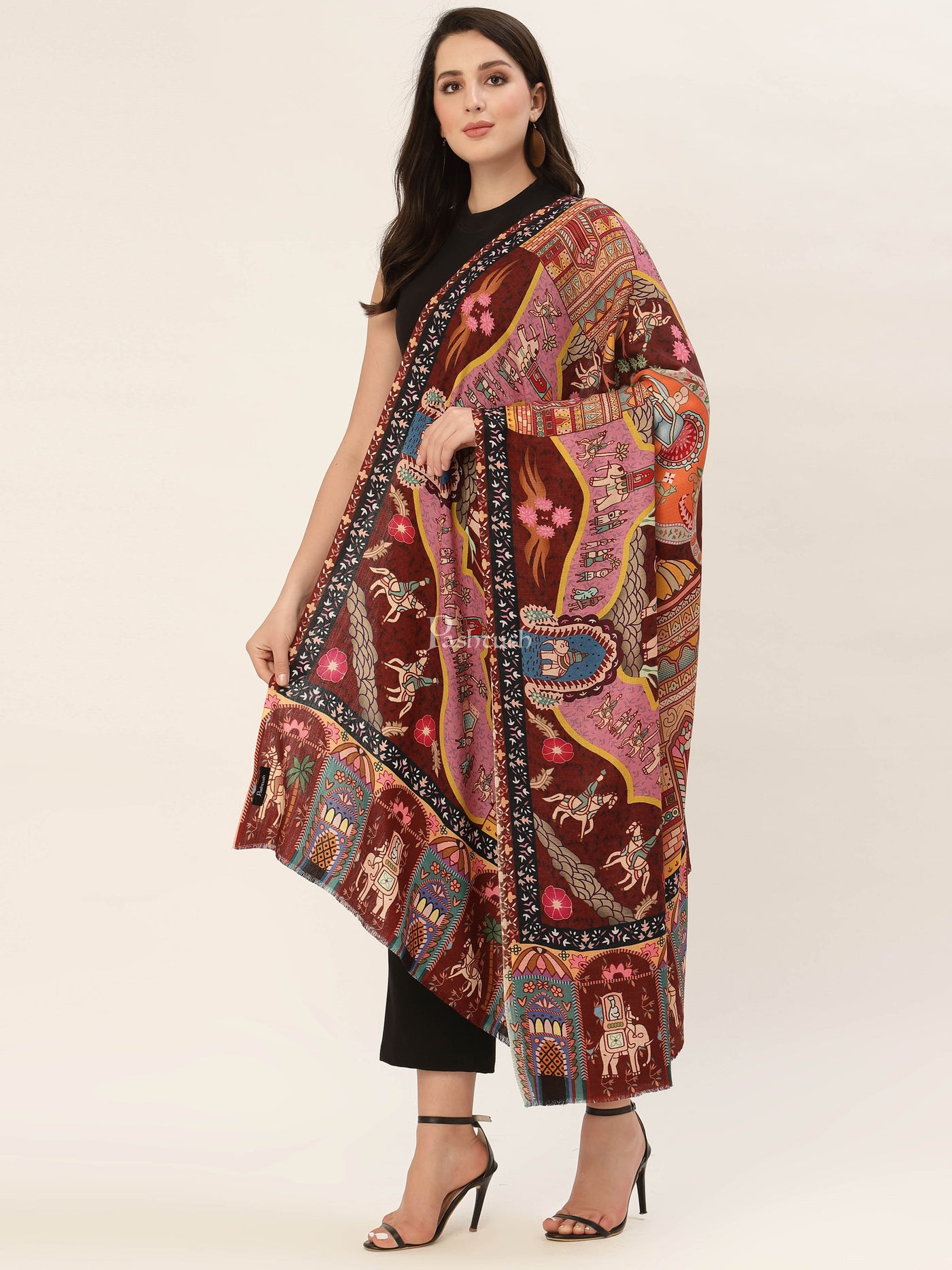 Pashtush India Womens Shawls Pashtush Womens, Pure Wool, Printed Darbar Shawl, Woolmark Certified.